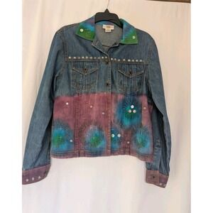Sandy Starkman Women's L Jacket Denim Boho Jacket Embelished Blue Purple Cotton